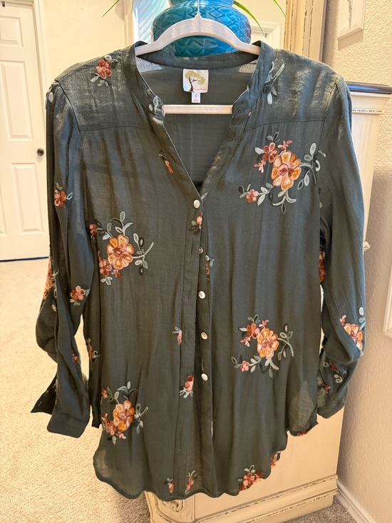 fig and flower Tops - fig and flower Olive Green Embroidered Button-Front Blouse
